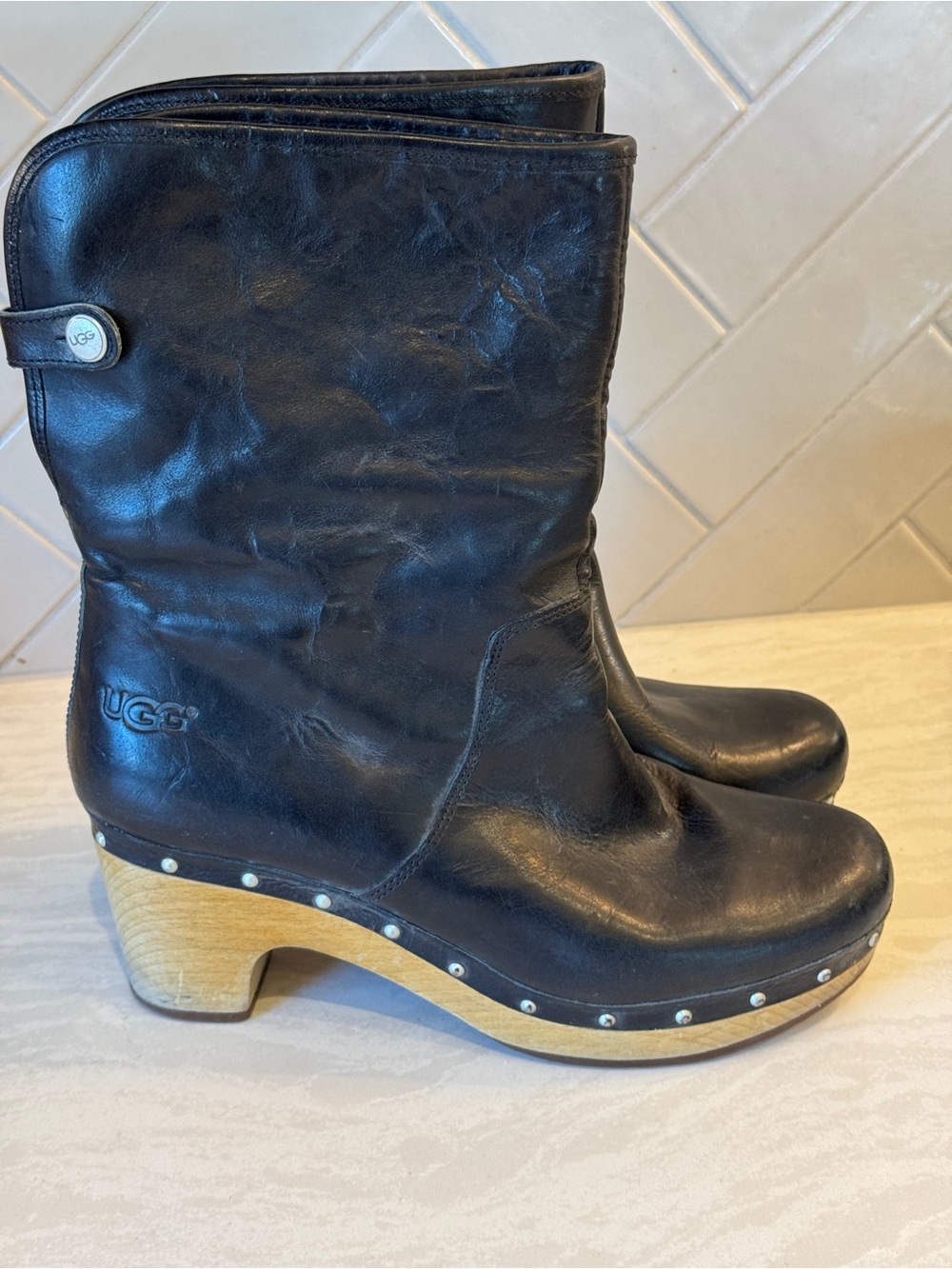 UGG Black Leather Clog-Style Heeled Boots with Studded Trim